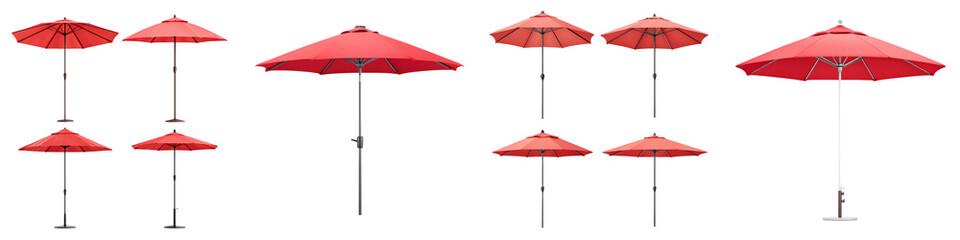 Obraz premium Vibrant red patio umbrellas showcasing various heights and designs, perfect for outdoor relaxation, shaded seating areas, and summer gatherings in stylish settings with durable construction.