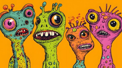 Fototapeta premium Four colorful, bizarre alien creatures against a warm background.