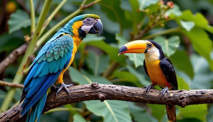 Fototapeta premium two vividly colored parrots perched on a branch in an outdoor setting