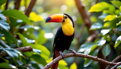 Naklejka premium a vibrant toucan perched in a tree with lush green leaves. the toucan is yellow and black with a prominent red beak and blue feet, typical of the species