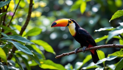 a vibrant tropical bird with a red crest is perched on a slender branch in a lush green environment, surrounded by large leaves