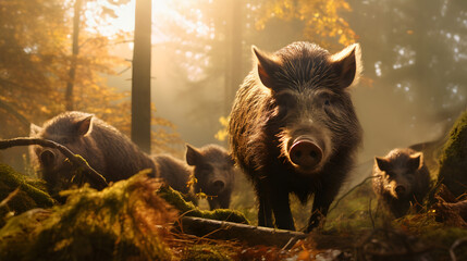 Group of boars running in the forest river with setting sun.