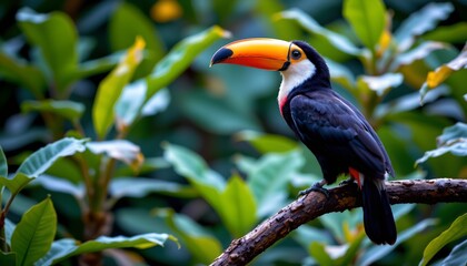 Obraz premium a vibrant toucan perched on a branch with a lush green backdrop