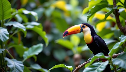 Naklejka premium a vibrant parrot with a long beak sits perched in a lush tropical setting, surrounded by verdant foliage