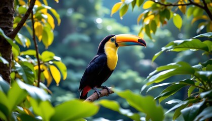 Fototapeta premium a vibrant toucan perched in a tropical setting, surrounded by lush greenery with yellowing leaves