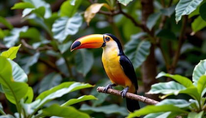 Obraz premium in the center of the image, there is a vibrant parrot perched on a thin branch in what appears to be a lush jungle environment