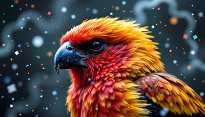 a vibrant parrot perched amidst a dynamic flurry of bokeh particles. the parrot has a multicolored plumage with reds, oranges, and yellows standing out against the blurred background