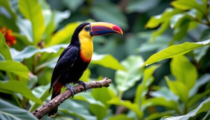 Naklejka premium a tropical bird with vibrant colors, perched in front of lush green foliage, likely in its natural habitat