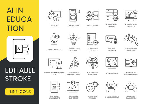 AI in education line icons with editable stroke representing AI-powered teaching, quiz generation, essay grading, virtual classes, learning analytics and personalized feedback