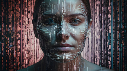 Digital Transformation: A portrait of a person's face is intersected with digital patterns, representing a futuristic blend of human and technology.