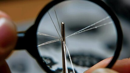 Close-up view of a needle's eye with multiple threads being threaded, showcasing precision in sewing - Powered by Adobe