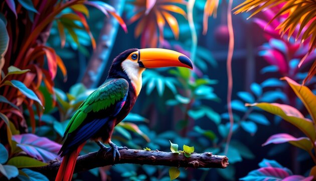 this is an artistic and vibrant image featuring a toucan perched on a branch with a tropical backdrop that suggests a lush rainforest setting