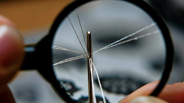 Close-up view of a needle's eye with multiple threads being threaded, showcasing precision in sewing