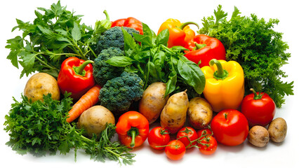 Various fresh vegetables and herbs on white background.