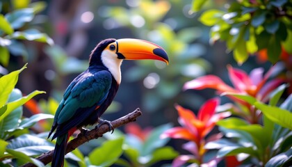 Obraz premium a vibrant parrot perches confidently in a lush garden filled with tropical plants and blooming flowers, creating a vivid tableau