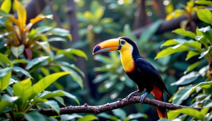 Naklejka premium a vibrant parrot perched confidently on a branch within a lush green landscape