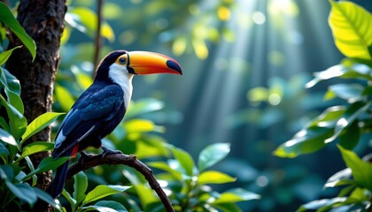 a vibrant toucan perched in a lush tropical environment. the bird is positioned atop a slender branch, with its bright plumage contrasting against the surrounding greenery