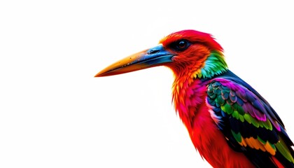 Obraz premium a large, colorful parrot standing in profile against a white background. the bird exhibits vivid plumage with hues of red, blue, yellow, and green, displaying a variety of colors on its feathers