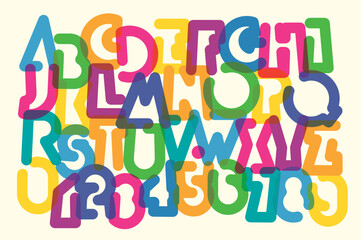 Naklejka premium A set contours letter of simple, thick humorous geometric letterform bright colors font with a holiday and party theme. Latin alphabet letters and numbers. No AI used