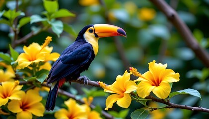 a single, vibrant toucan perched on a branch in front of bright yellow flowers. the bird is facing towards the right side of the image, with a yellow flower nearby