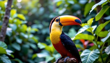 a vibrant tropical scene with a brightly colored toucan as the focal point. the bird, with its distinctive green head, red beak, and black feathers, is perched on a rock amidst lush greenery