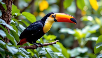 a toucan perched among tree leaves, appearing to be in a natural habitat with various shades of green foliage around it