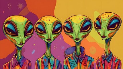 Colorful alien figures in a vibrant style.