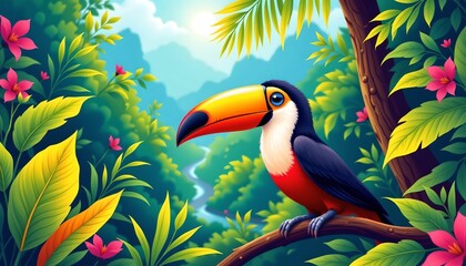 a vibrant tropical landscape where a parrot with blue feathers is perched on a branch near the center of the frame