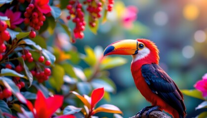 a vibrant parrot perched among red flowers, with an expansive view of lush greenery in the background