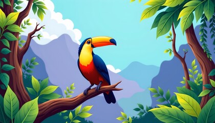 an illustration of a vibrant tropical parrot perched atop a branch in a lush, verdant jungle setting