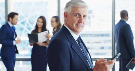 Portrait, businessman and lawyer in office with phone, corporate career and legal aid to contact. Meeting, mature person and attorney with mobile for law firm, case email and smile for justice update