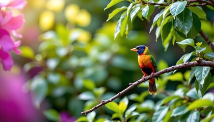 in a serene setting, a vibrant parrot sits perched on a branch adorned with delicate pink blossoms