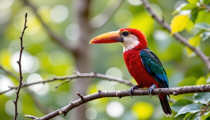 a large bird with vibrant plumage and a long beak perched on a thin branch in a natural setting. the bird is predominantly red with blue accents