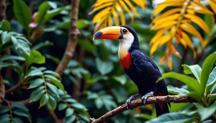 an exotic parrot perched in a lush tropical setting. the parrot exhibits vibrant colors and is adorned with a striking red head and blue back, with distinctive black markings around its eyes and beak