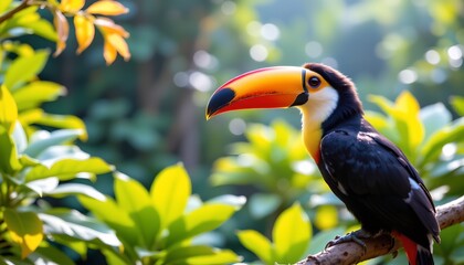 a vibrant toucan perched on a branch in a lush, tropical setting. the bird stands out against the green foliage, exhibiting its distinctive red and blue plumage and large bill