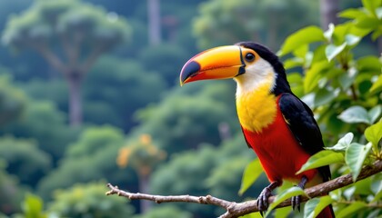 a vibrant parrot perched on a branch within a lush tropical setting