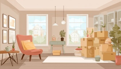 Room in progress of move; boxes, furniture