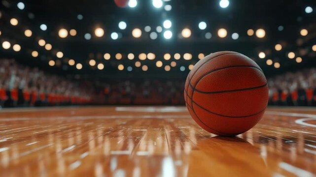 Basketball on a hardwood court, with a blurred background of spectators and lights