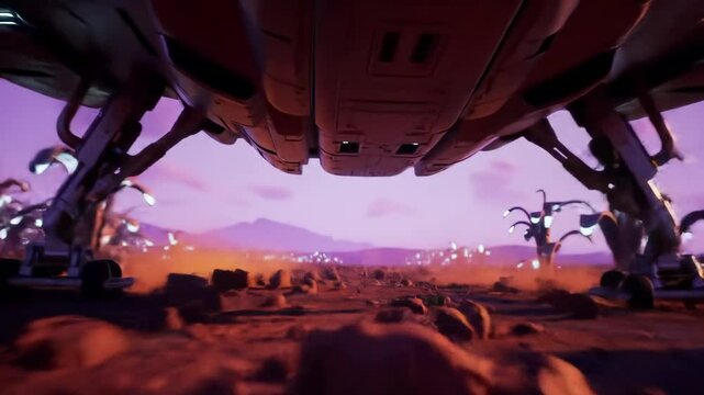Futuristic spaceship landing on alien planet