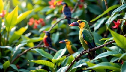 a lively scene from a bird sanctuary. a multitude of colorful parrots is perched amidst vibrant green foliage with hints of red flowers, creating a tropical ambiance