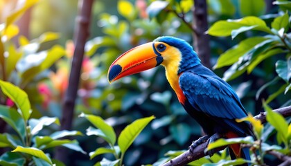 a tropical bird with vibrant plumage sits perched in a lush, green, foliage filled forest