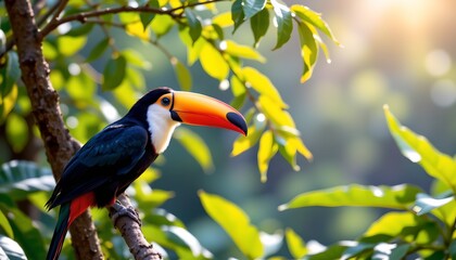 a brightly colored toucan perched on a branch in front of lush green leaves. the bird's vibrant plumage stands out against the natural backdrop