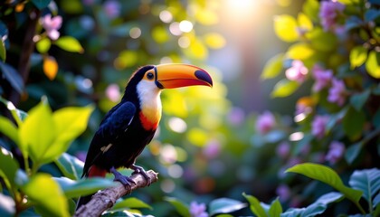 a single, vibrant toucan perched atop a branch in what appears to be a lush tropical environment