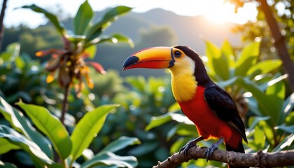 an exotic parrot with vibrant colors sits perched on a branch, surrounded by lush greenery in daylight