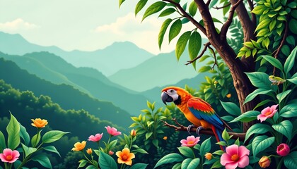 a serene tropical scene featuring a vibrant parrot perched on a branch. the bird, with its rich plumage, stands out against the backdrop of lush green foliage