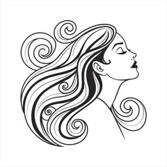 Elegant Woman with Flowing Hair in Line Art Style.