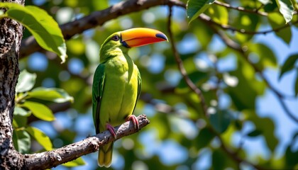 a vibrant parrot perched in a tree. the parrot is colorful with green and blue hues, its beak being white, and it appears to be looking towards the viewer