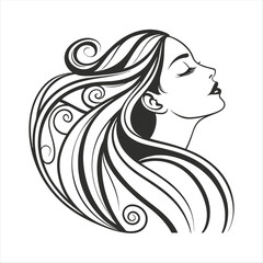 Elegant Woman with Flowing Hair in Line Art Style.