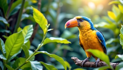 a vibrant tropical scene with a colorful parrot perched in a tree filled with lush green leaves