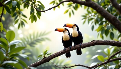 two macaws perched on a branch in what appears to be a lush, tropical setting